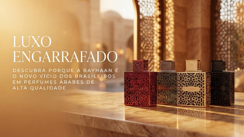 Perfumes Rayhaan em cenário árabe dourado, capa do guia Conheça a Rayhaan Perfumes