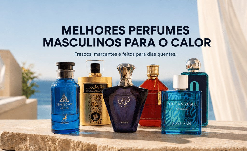 Seleção de perfumes masculinos frescos para o calor apresentada em ambiente de verão