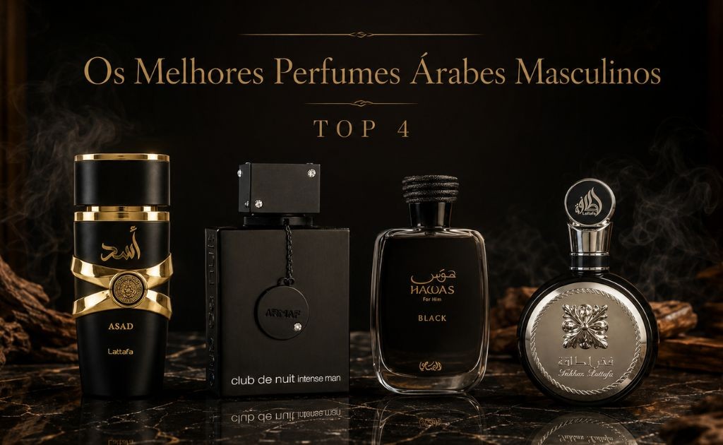Quatro perfumes árabes masculinos em capa editorial: Asad, Club de Nuit Intense Man e outras fragrâncias