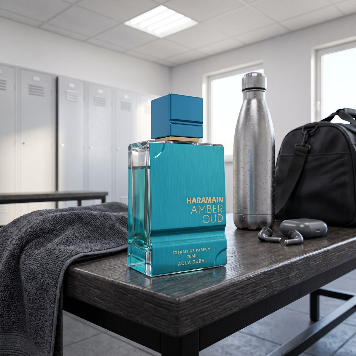Frasco Al Haramain Amber Oud Aqua Dubai sobre banco com acessórios esportivos