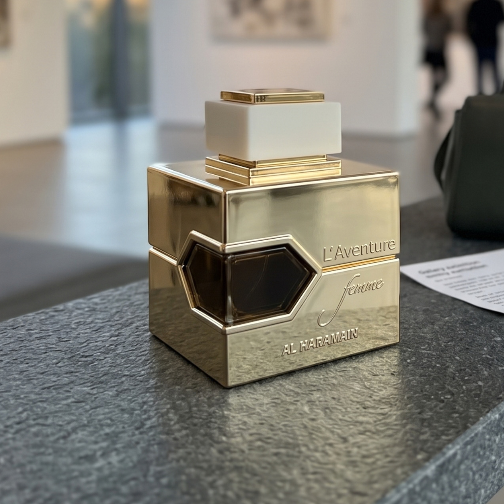 Frasco dourado do perfume L'Aventure Femme da Al Haramain em ambiente elegante