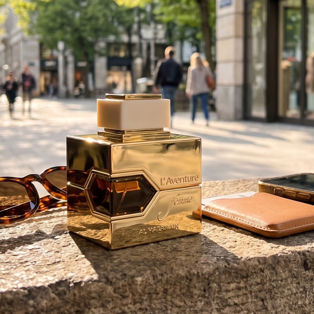 Frasco L'Aventure Femme da Al Haramain ao ar livre sobre uma mesa urbana