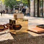 Frasco L'Aventure Femme da Al Haramain ao ar livre sobre uma mesa urbana