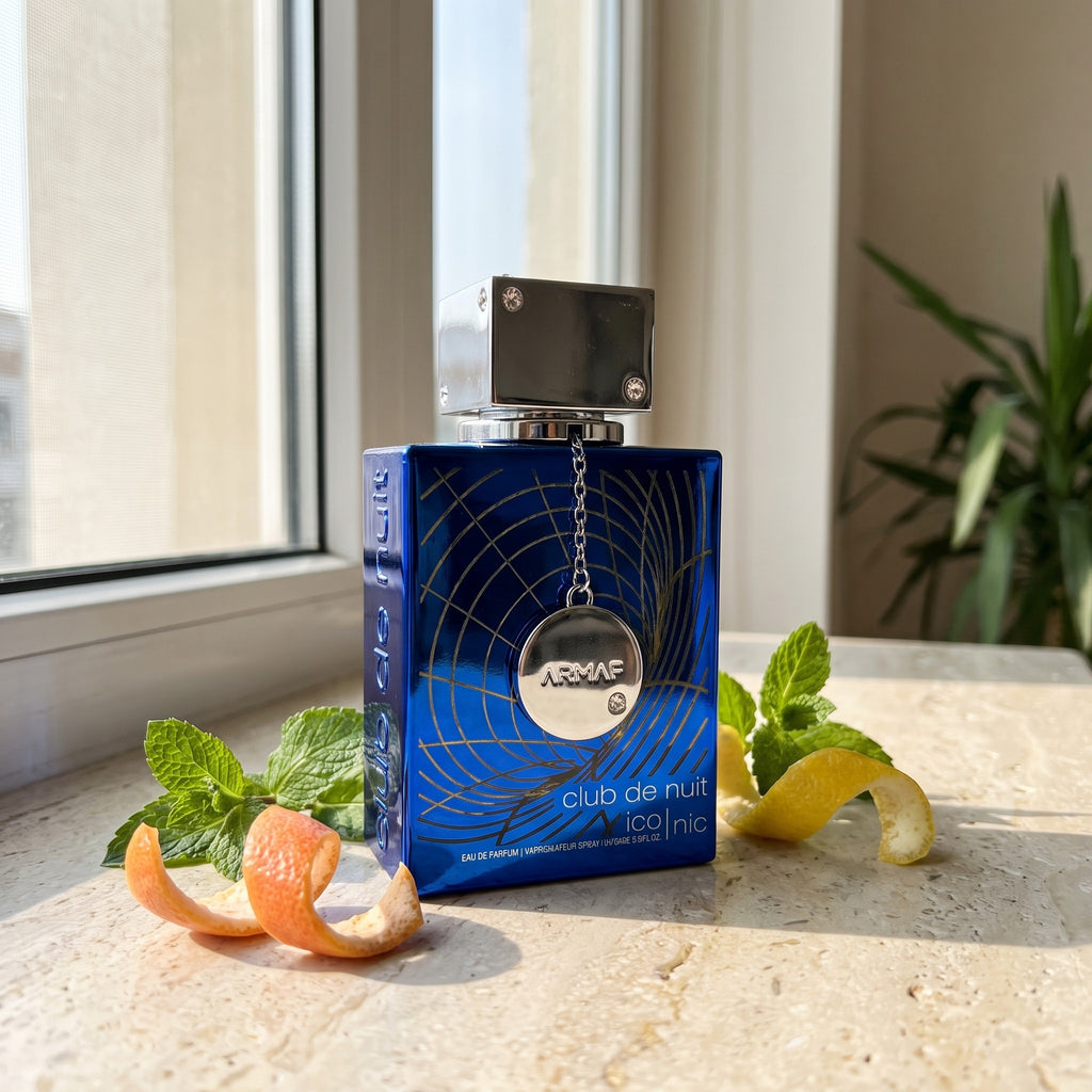 Perfume Armaf Club de Nuit Blue Iconic com cítricos e hortelã em cenário iluminado