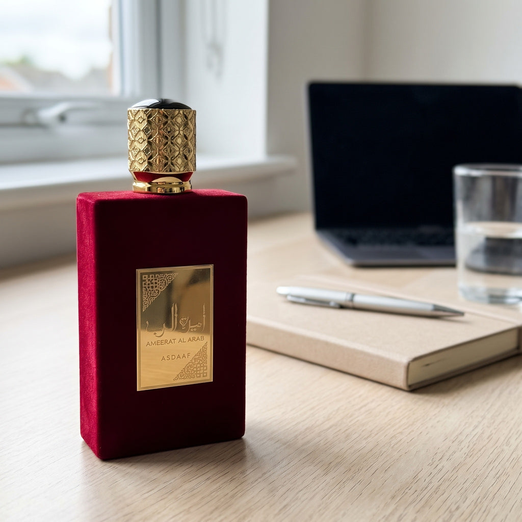 Perfume Asdaaf Ameerat Al Arab sobre mesa em ambiente de trabalho