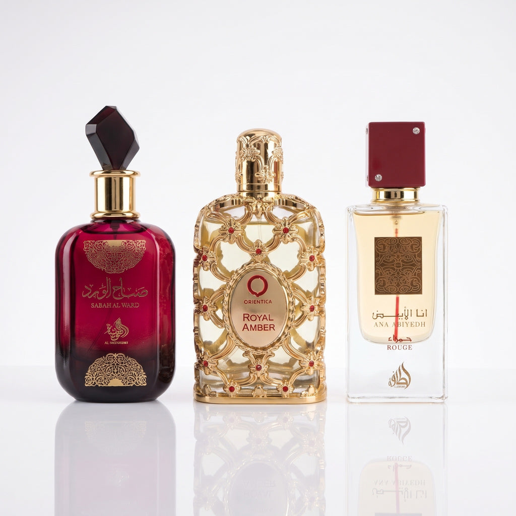 Frascos originais de Sabah Al Ward, Royal Amber e Ana Abiyedh Rouge, fragrâncias que compõem o combo Samadi de três decants de 5ml