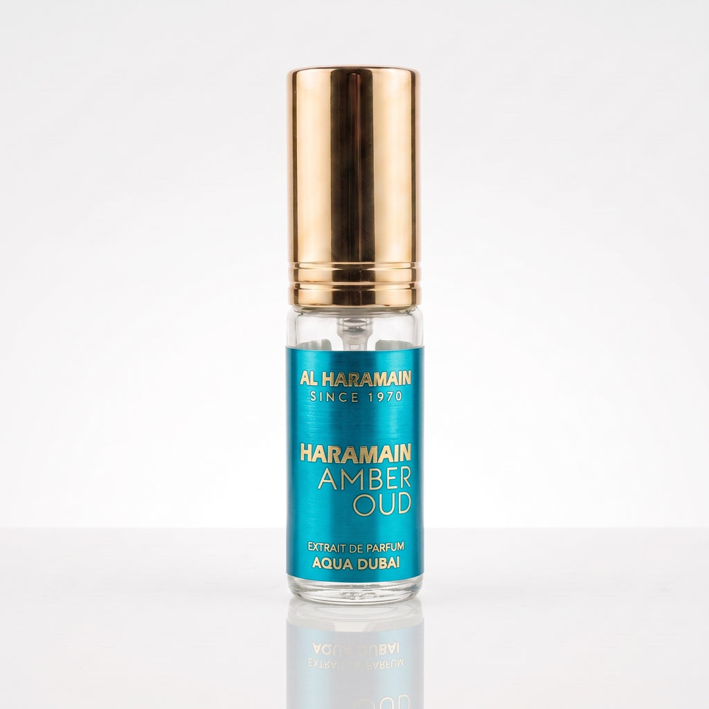 Decant físico Al Haramain Amber Oud Aqua Dubai Extrait de Parfum em frasco spray de vidro e tampa dourada