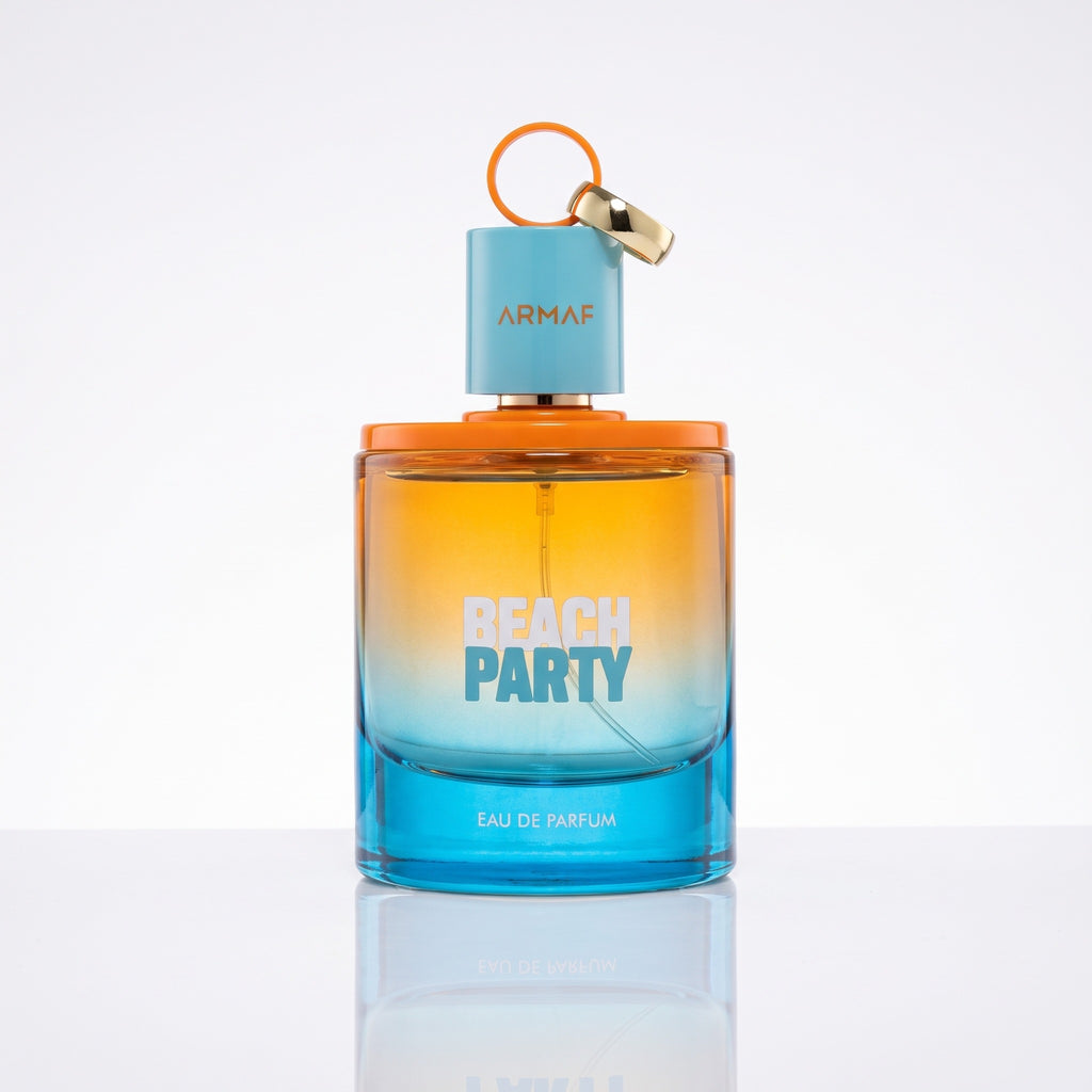 Decant de Armaf Beach Party EDP masculino em frasco transparente com tampa dourada