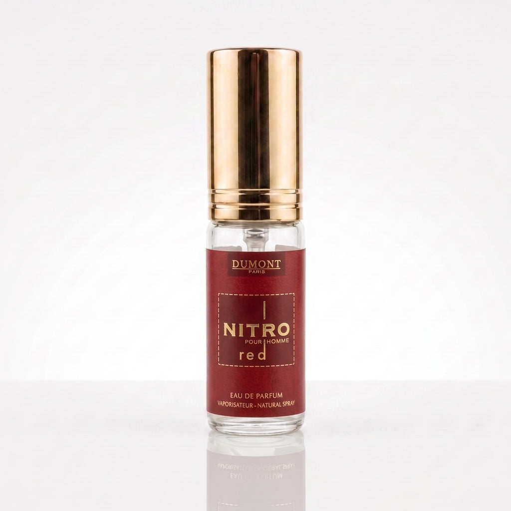 Decant de Dumont Nitro Red EDP masculino em frasco transparente com tampa dourada