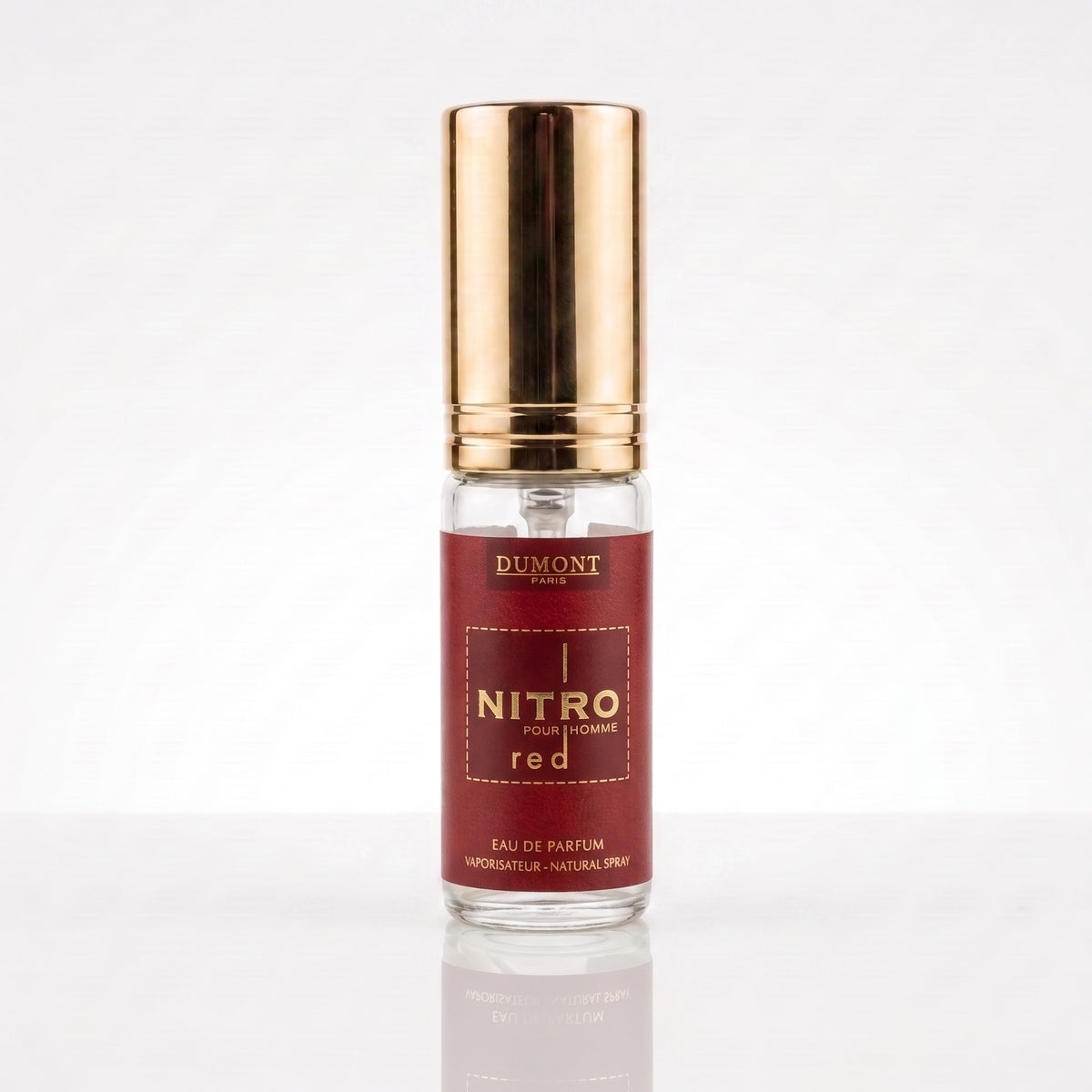 Decant de Dumont Nitro Red EDP masculino em frasco transparente com tampa dourada