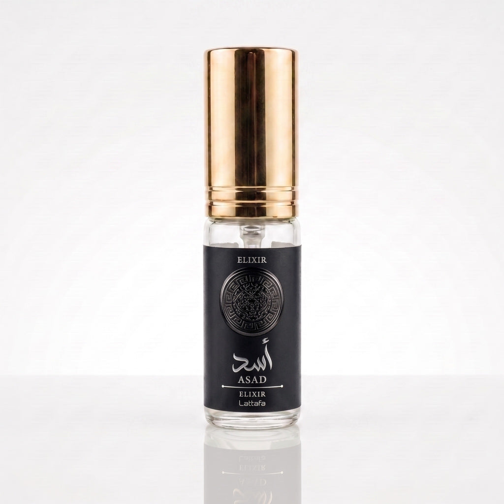 Decant do perfume Lattafa Asad Elixir EDP Masculino em frasco de vidro com tampa dourada