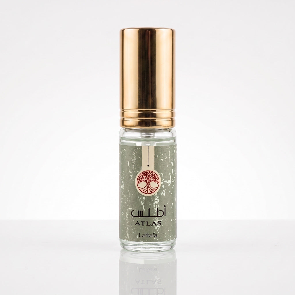 Decant físico do perfume Atlas Lattafa, rótulo verde e tampa dourada