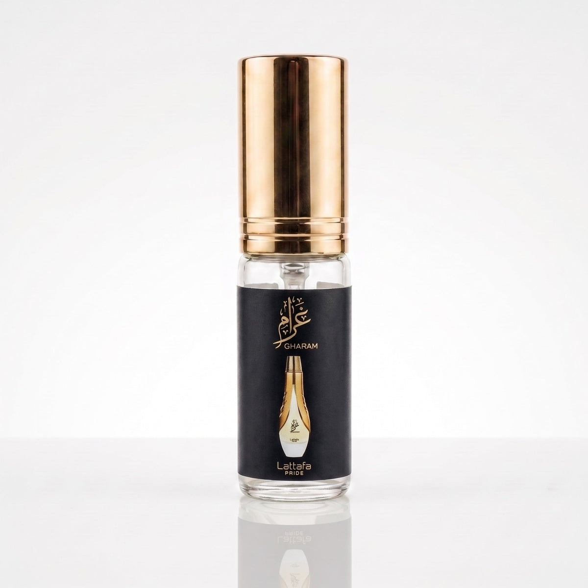 Decant físico do perfume Lattafa Gharam, frasco de vidro com etiqueta preta e tampa dourada