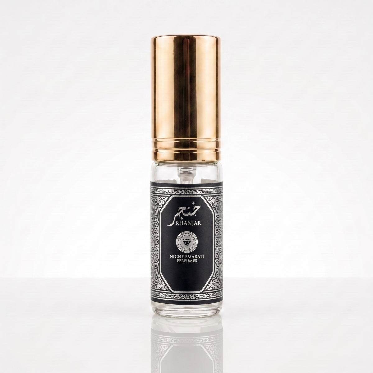 Decant de Khanjar Lattafa EDP masculino em frasco transparente com tampa dourada