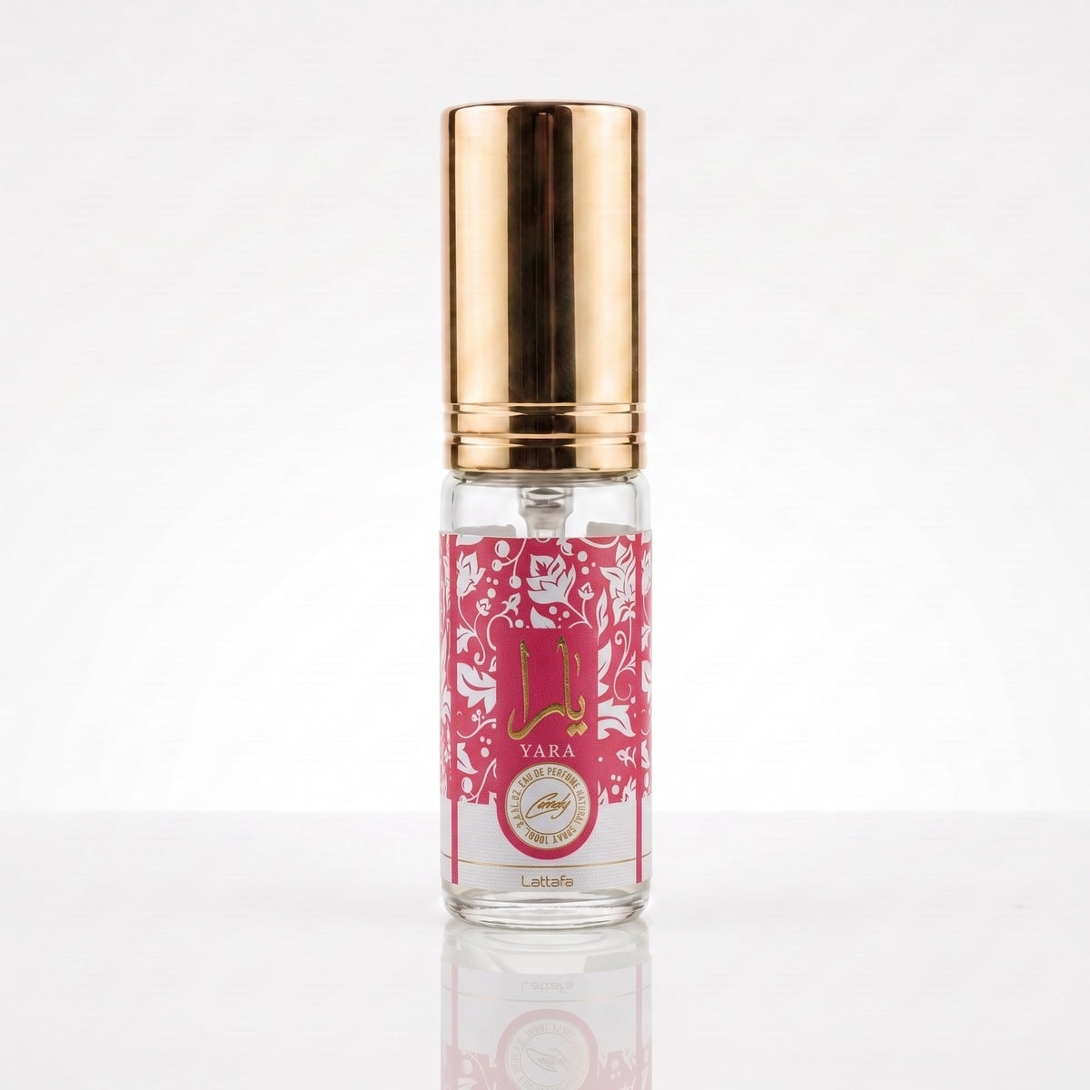 Decant de Lattafa Yara Candy EDP feminino em frasco transparente com tampa dourada