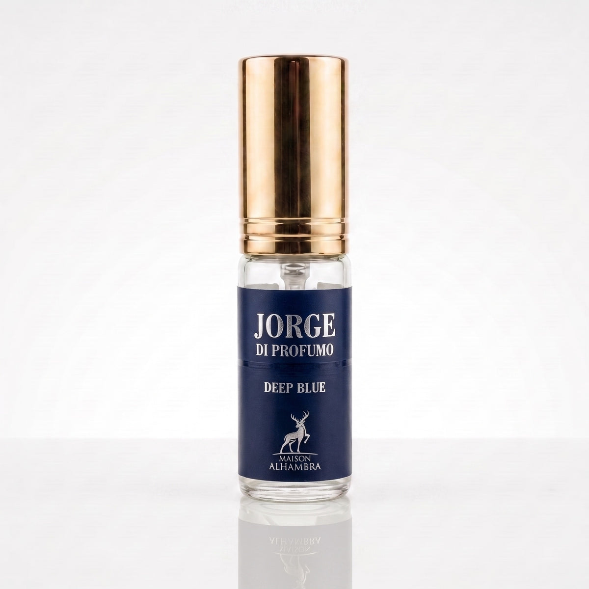 Decant do perfume Maison Alhambra Jorge Di Profumo Deep Blue EDP masculino em frasco transparente com tampa dourada