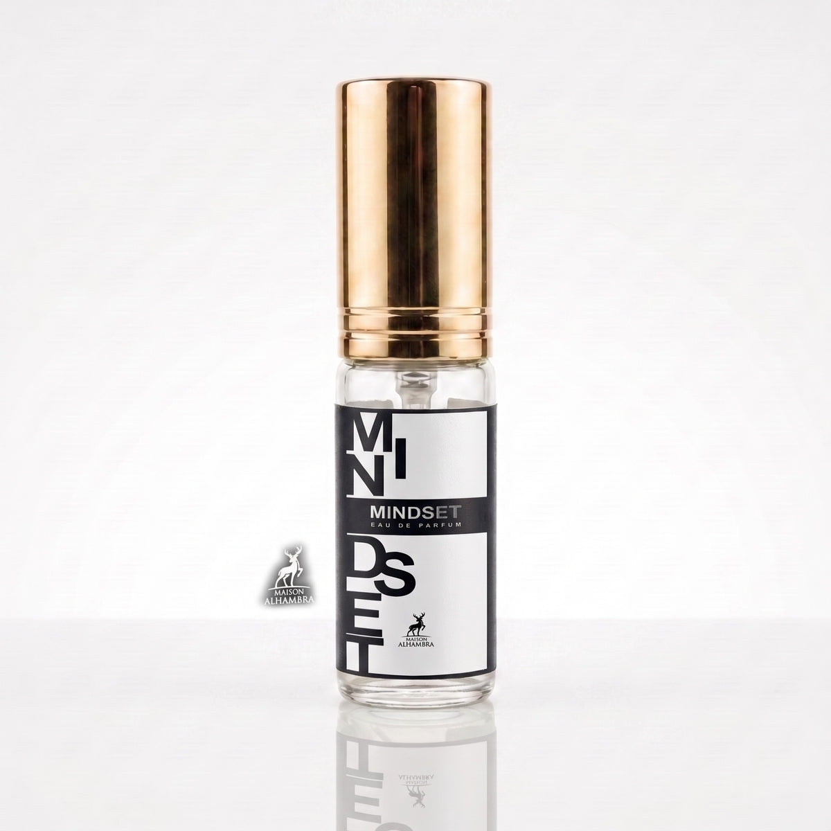 Decant de Maison Alhambra Mindset EDP masculino em frasco transparente com tampa dourada