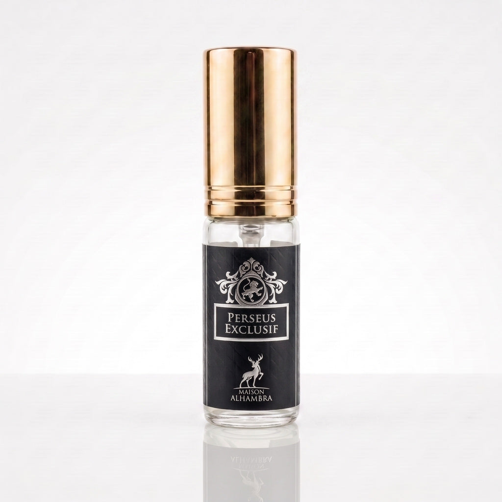 Decant do perfume Maison Alhambra Perseus Exclusif EDP masculino em frasco transparente com tampa dourada