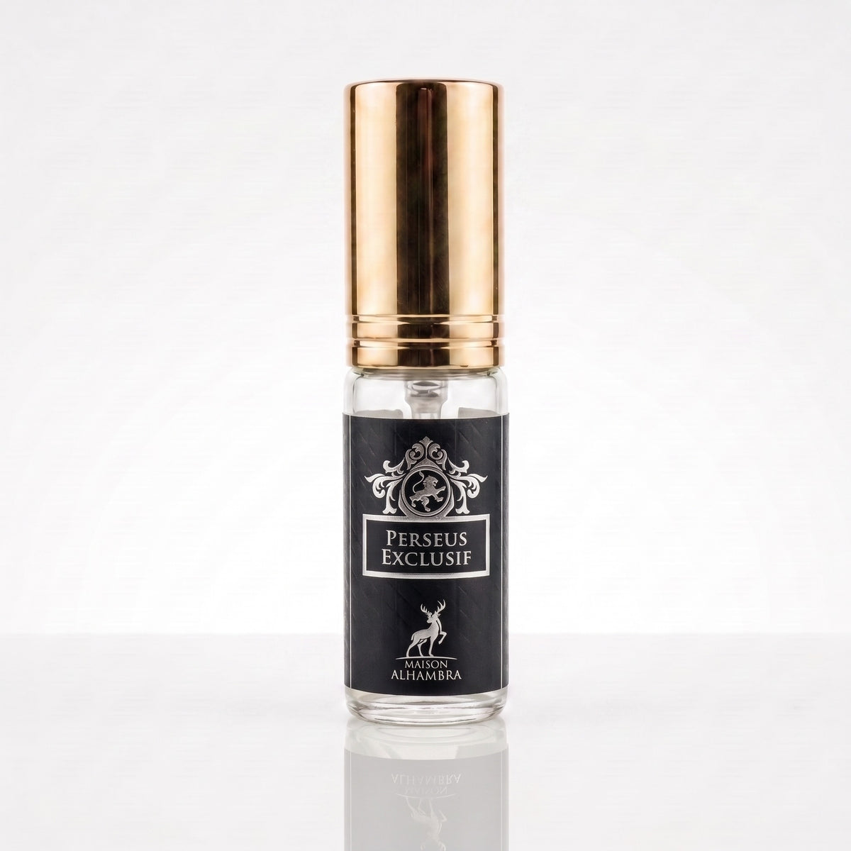 Decant do perfume Maison Alhambra Perseus Exclusif EDP masculino em frasco transparente com tampa dourada