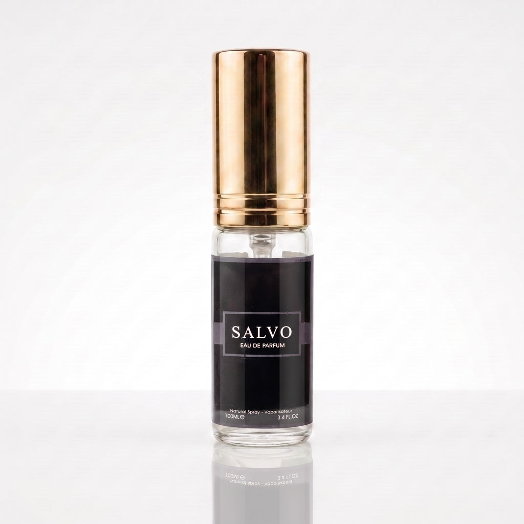 Decant de Maison Alhambra Salvo EDP masculino em frasco transparente com tampa dourada