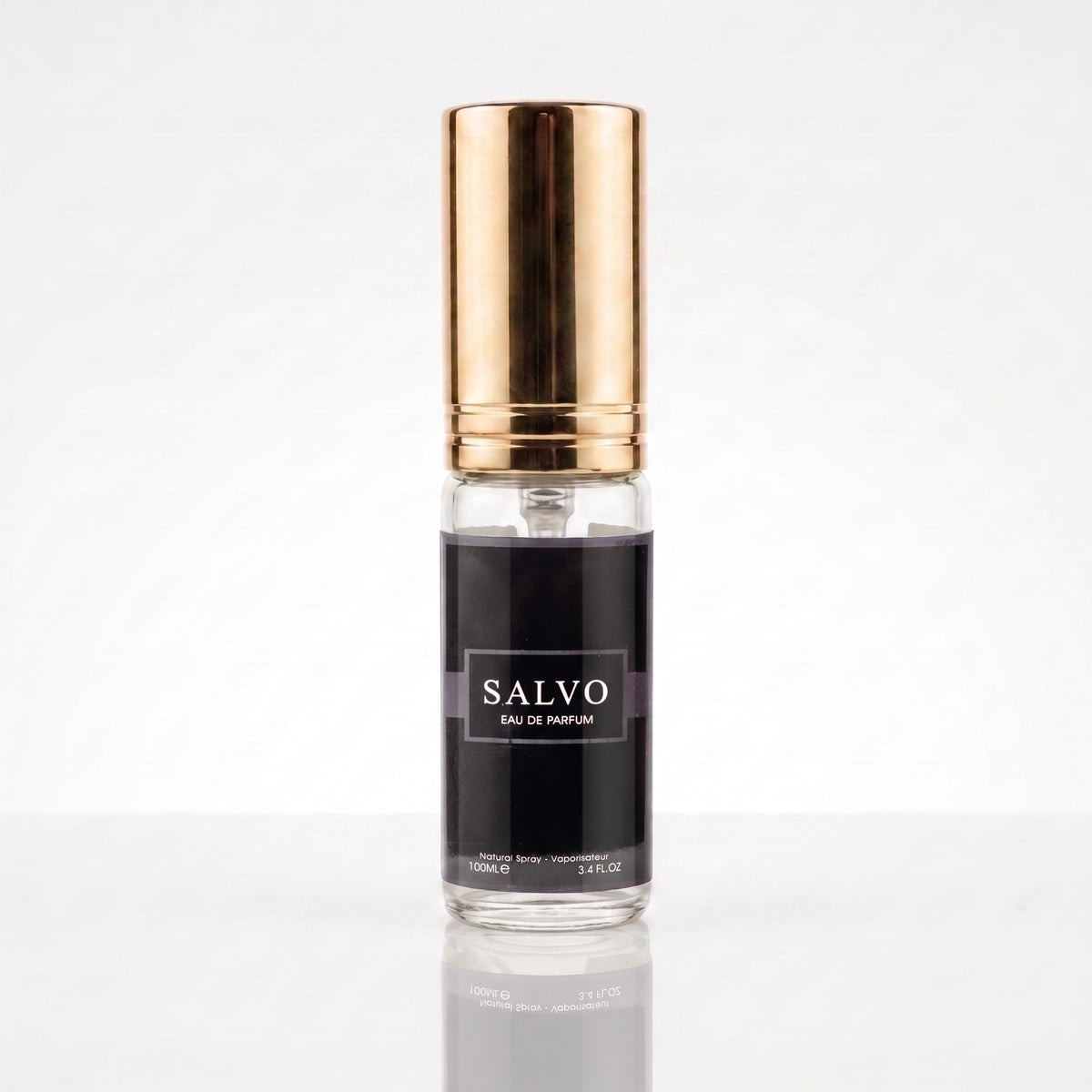 Decant de Maison Alhambra Salvo EDP masculino em frasco transparente com tampa dourada