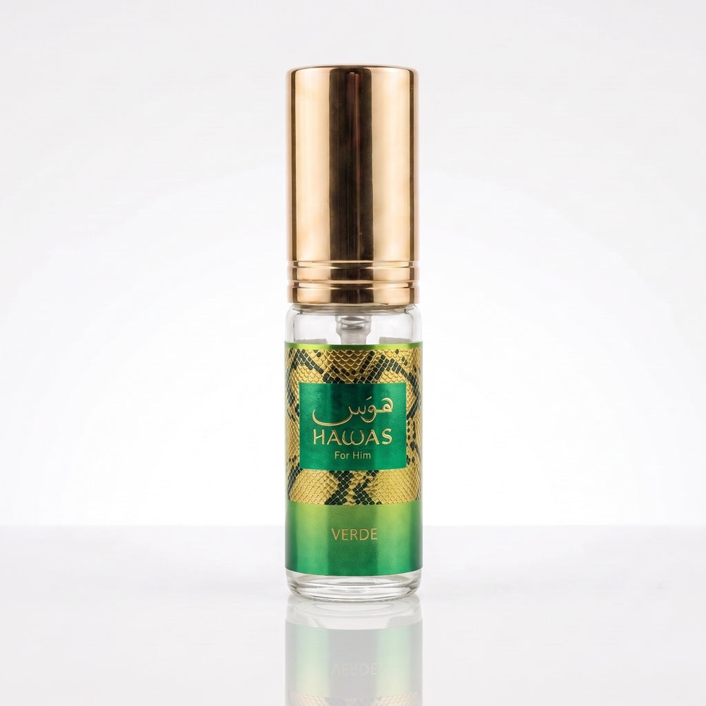 Decant do perfume Rasasi Hawas Verde EDP masculino em fundo branco