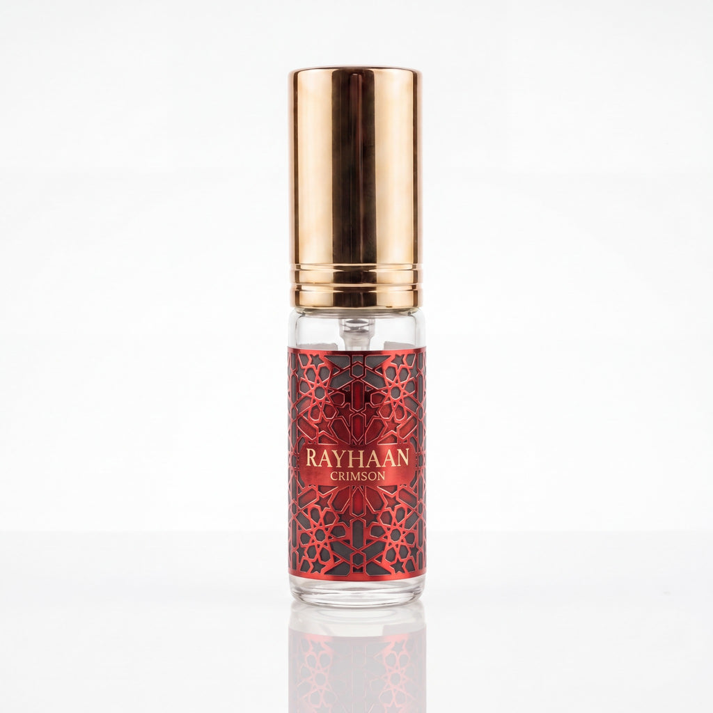 Decant do perfume Rayhaan Crimson EDP masculino em fundo branco.