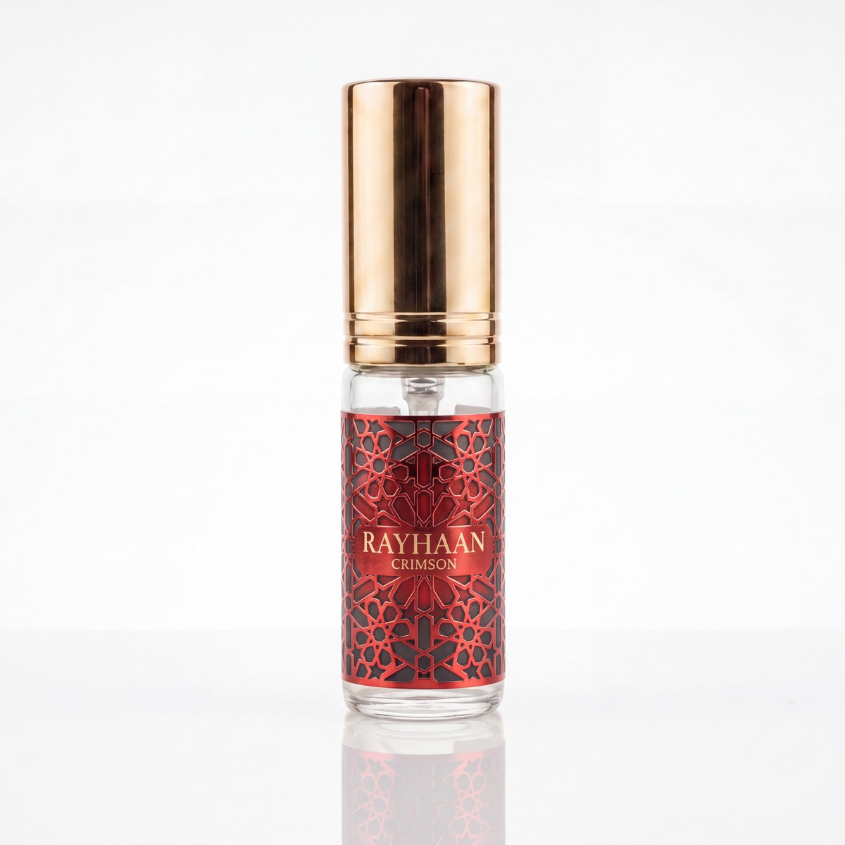 Decant do perfume Rayhaan Crimson EDP masculino em fundo branco.