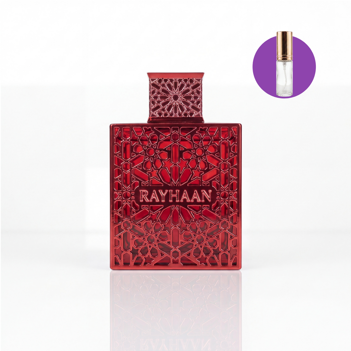 Perfume Rayhaan Crimson com representação de decant em fundo branco.