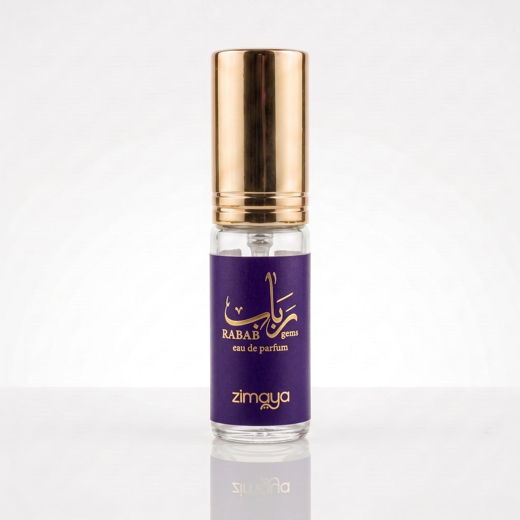 Decant físico Rabab Gems Zimaya com rótulo violeta e tampa dourada