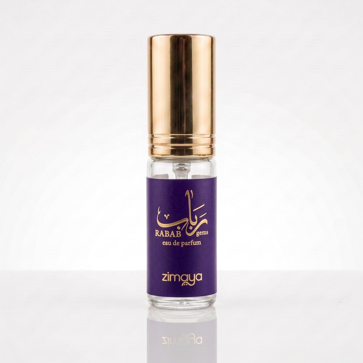 Decant físico Rabab Gems Zimaya com rótulo violeta e tampa dourada