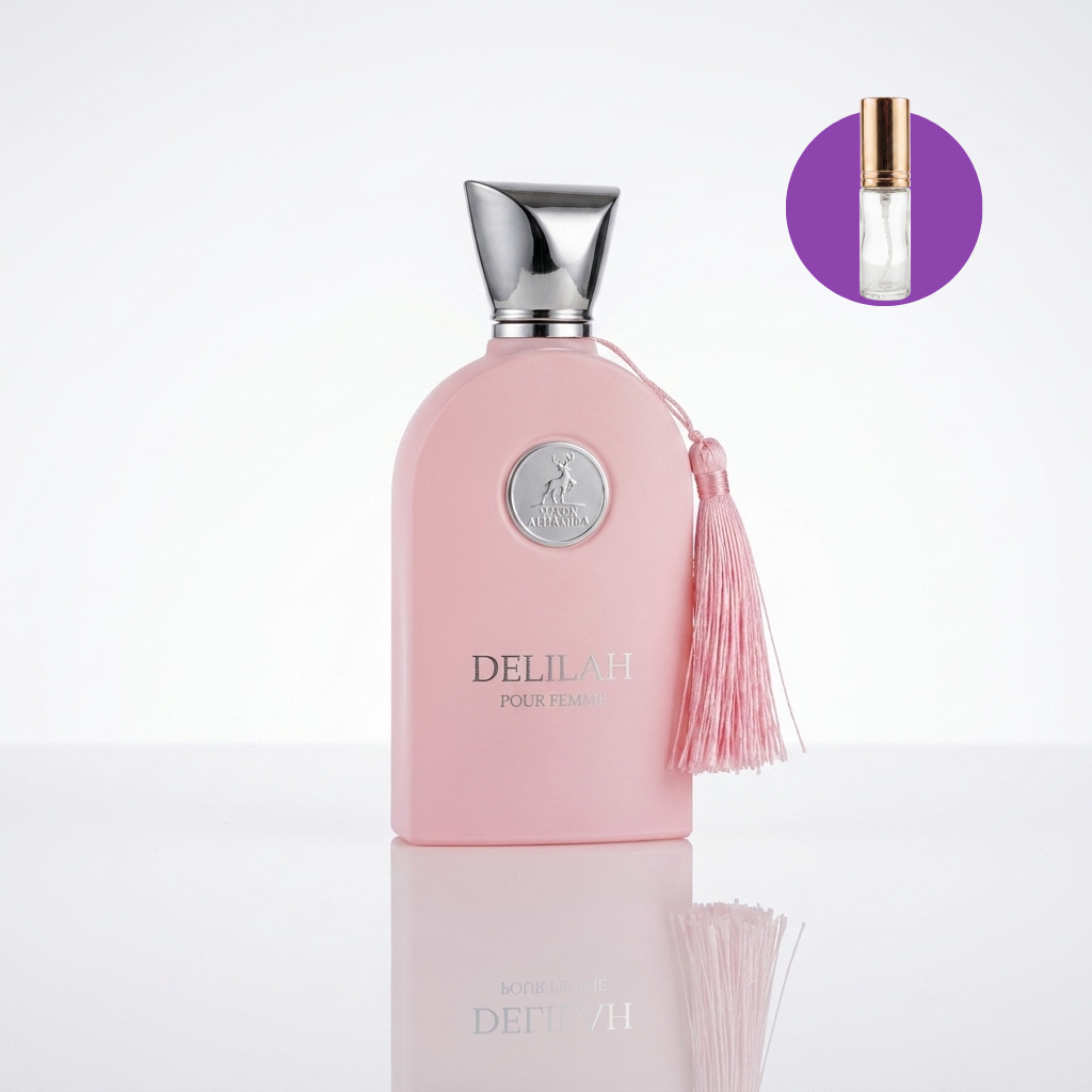 Frasco do perfume Delilah da Maison Alhambra com detalhe visual de um decant.