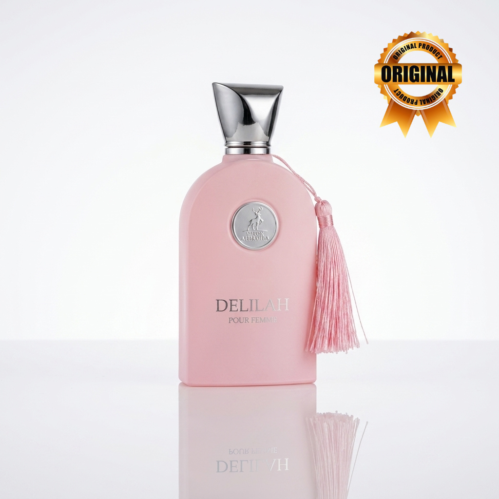 Frasco do perfume Delilah da Maison Alhambra 100ml sobre fundo branco.
