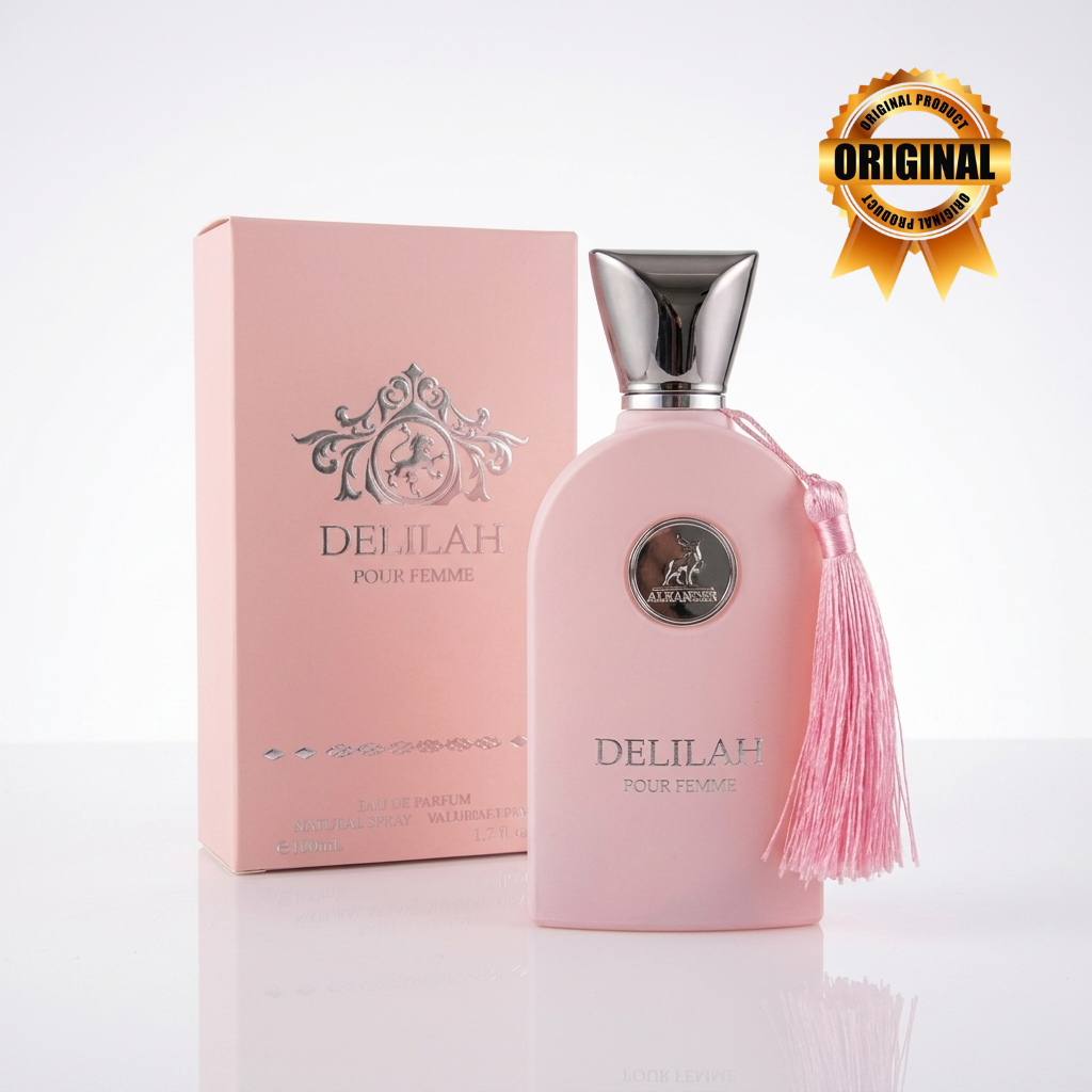 Frasco do perfume Delilah da Maison Alhambra 100ml ao lado da embalagem original.