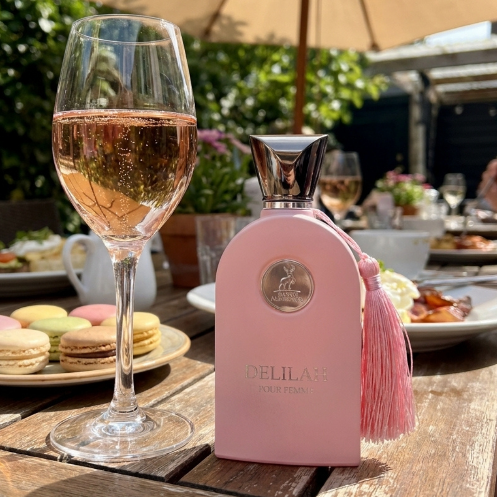 Frasco do perfume Delilah da Maison Alhambra sobre mesa de madeira em ambiente externo.