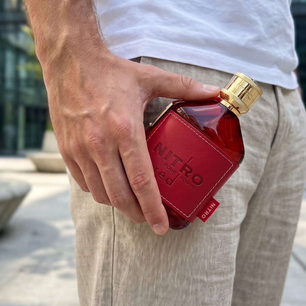 Perfume Dumont Nitro Red segurado em ambiente externo durante o dia