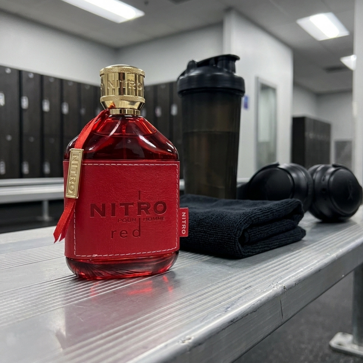 Perfume Dumont Nitro Red em ambiente de academia com acessórios esportivos