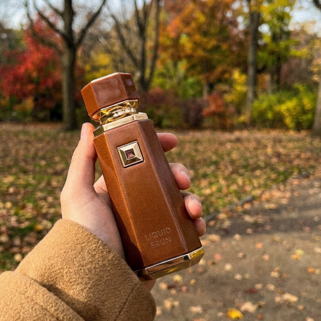 Frasco do perfume French Avenue Liquid Brun em mão em cenário externo de outono