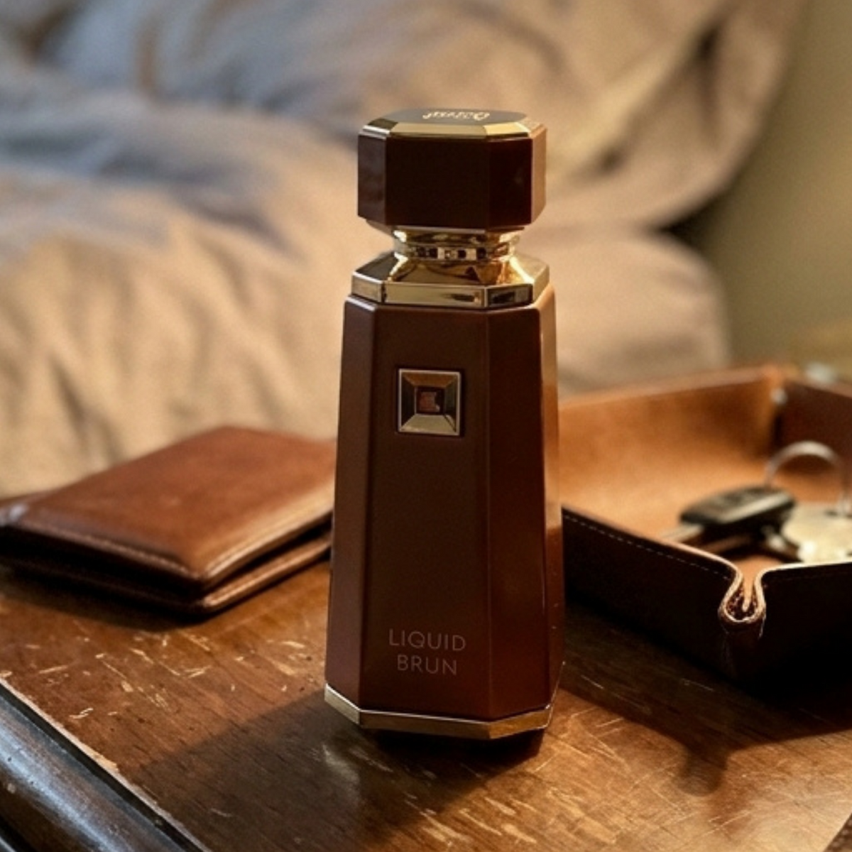 Frasco do perfume French Avenue Liquid Brun sobre mesa ao lado de carteira e chaves