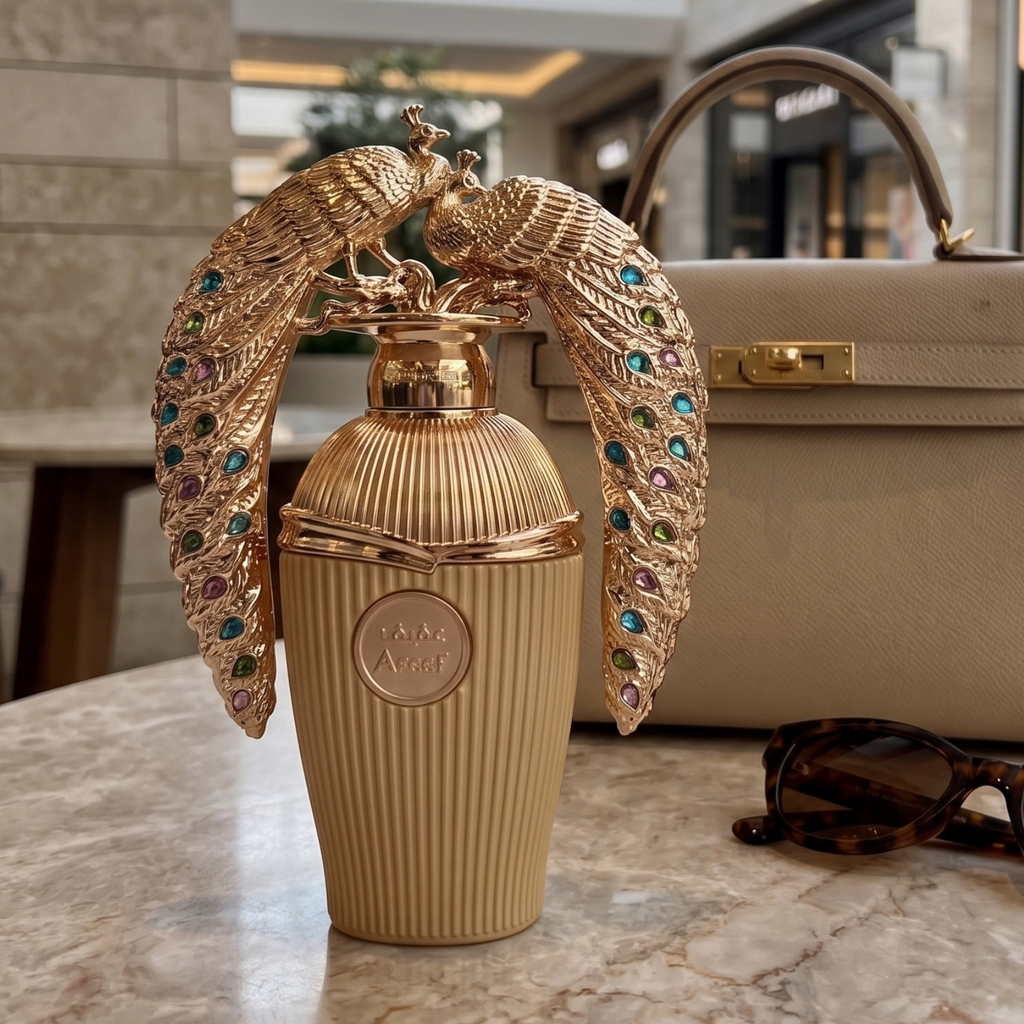 Perfume Lattafa Afeef em mesa de mármore com bolsa de luxo