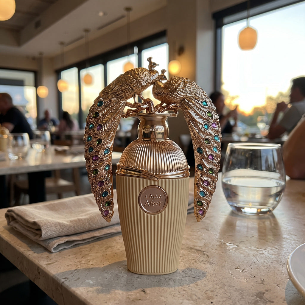 Perfume Lattafa Afeef em mesa de restaurante ao pôr do sol