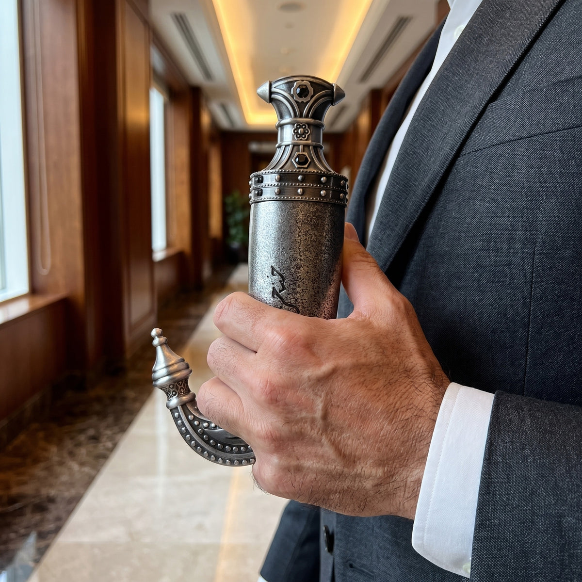 Perfume Khanjar Lattafa segurado por homem de terno em ambiente sofisticado