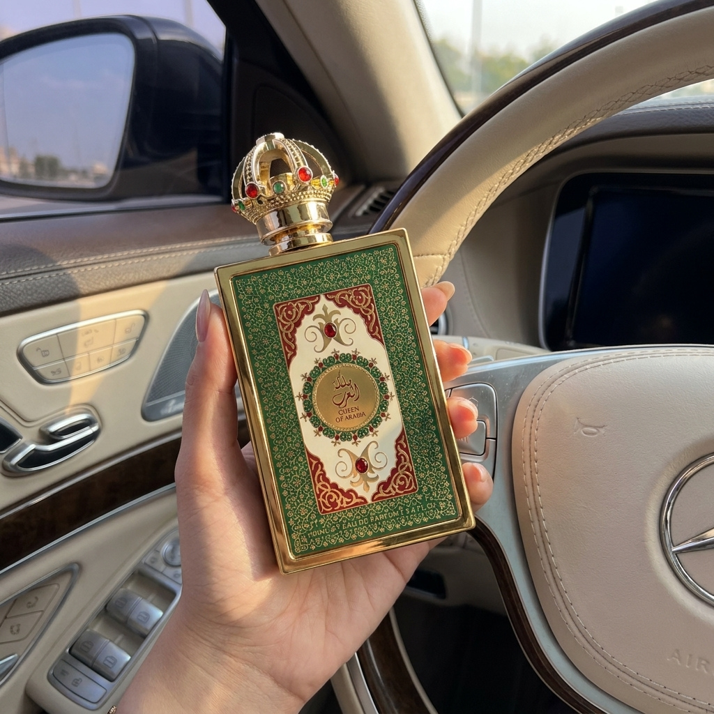 Perfume Lattafa Queen of Arabia sendo segurado dentro de automóvel