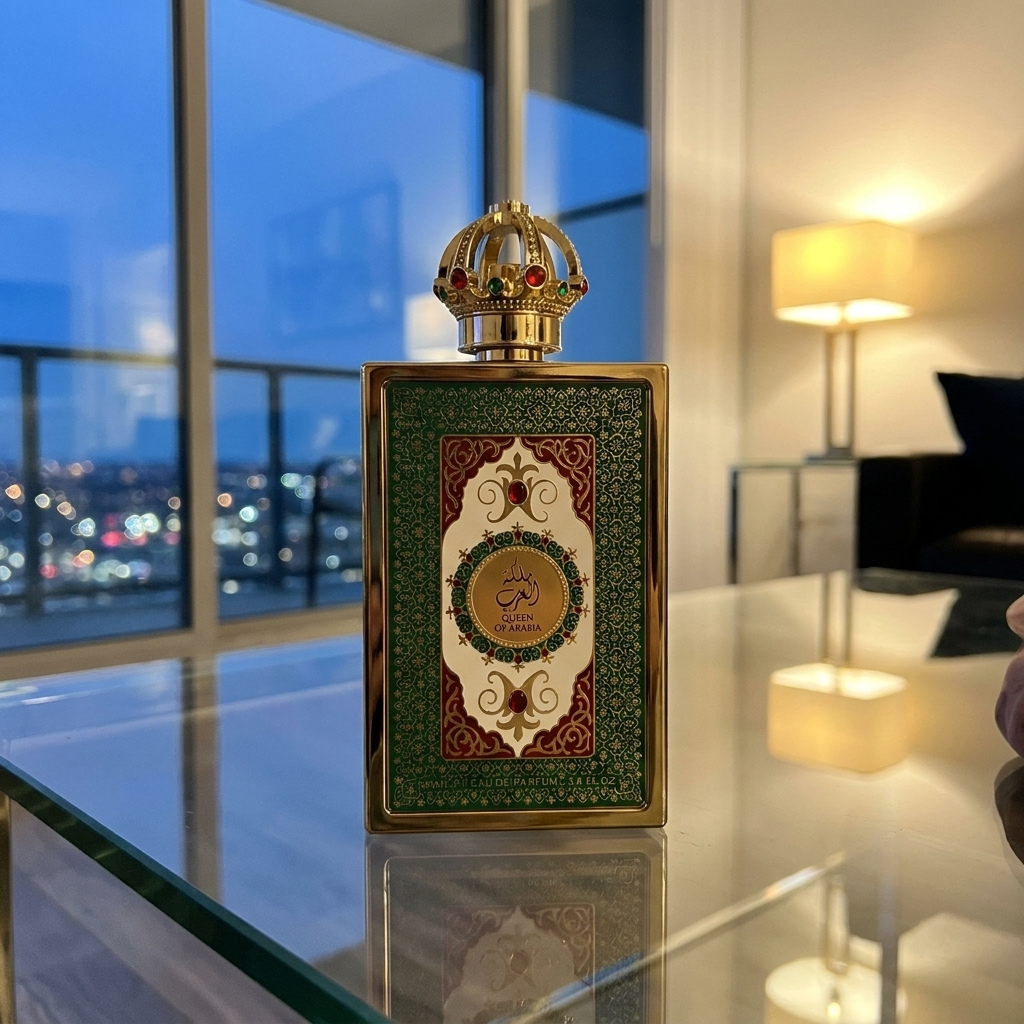 Perfume Lattafa Queen of Arabia em ambiente interno com vista urbana