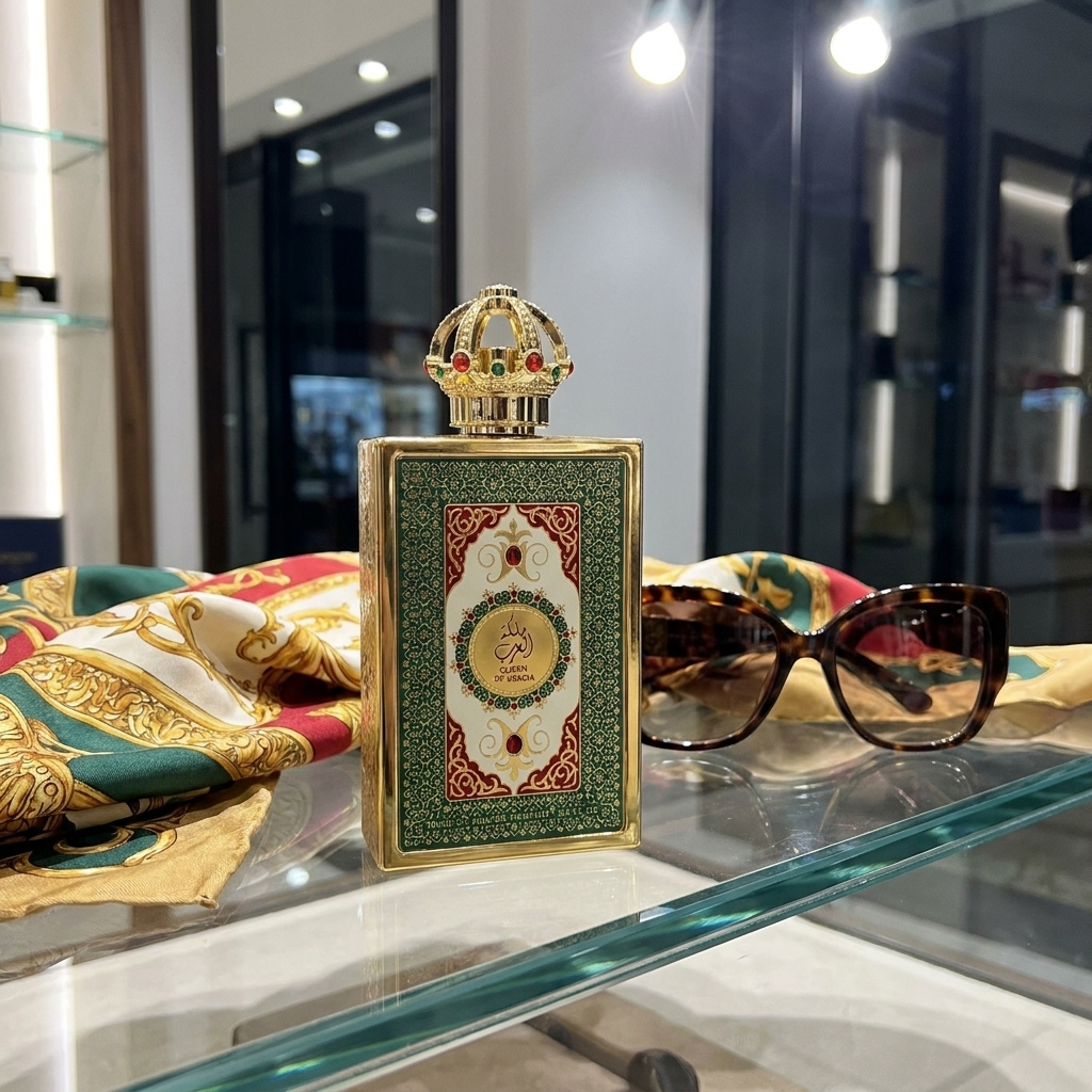 Perfume Lattafa Queen of Arabia em composição com acessórios de moda