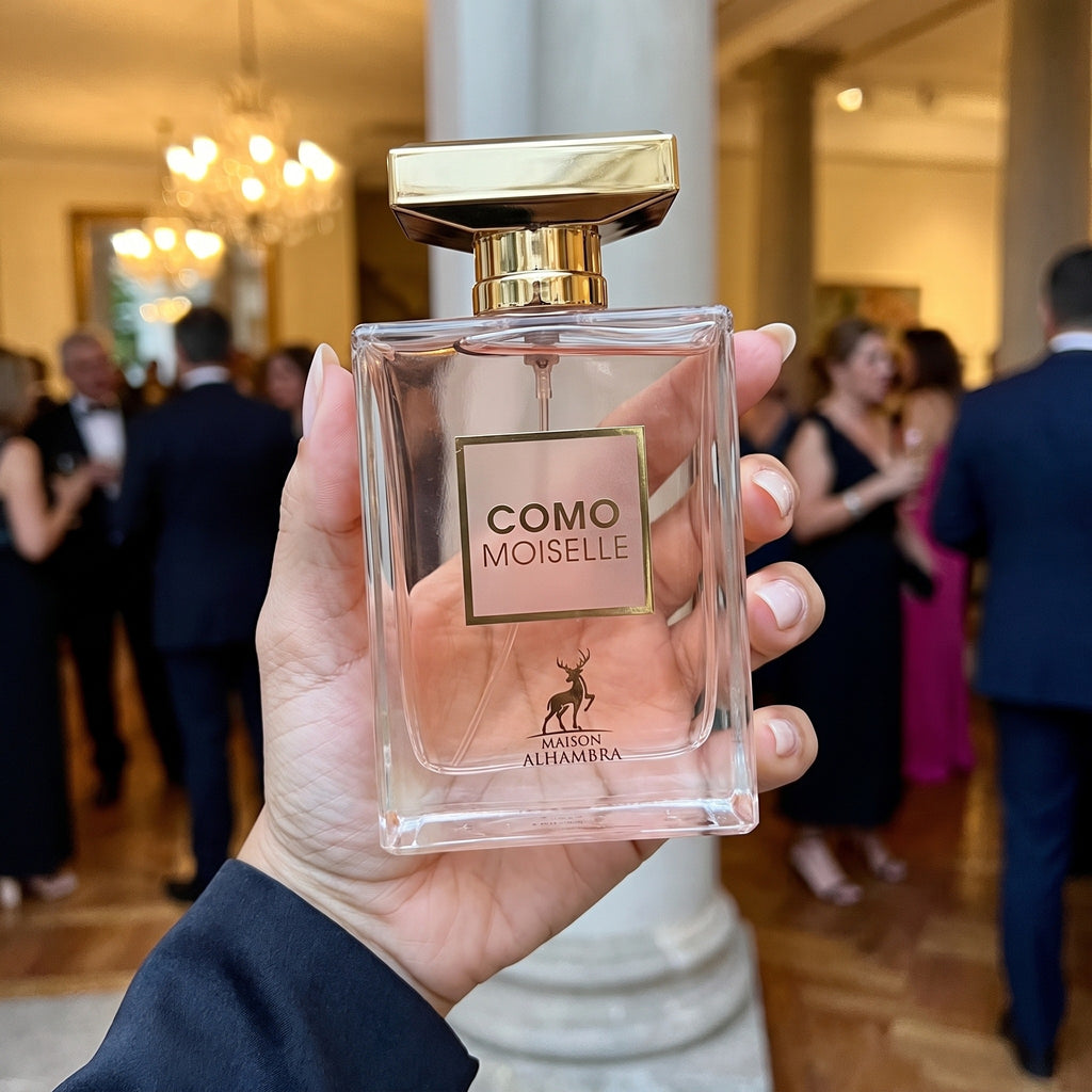 Perfume Maison Alhambra Como Moiselle sendo segurado em evento social