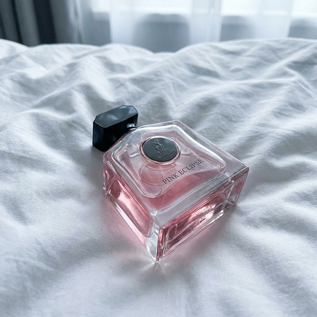 Maison Alhambra Pink Eclipse EDP Feminino sobre tecido branco