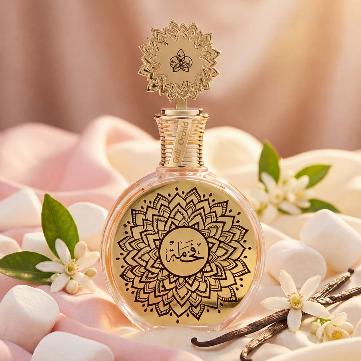 Perfume Fakhama Maison Asrar com pétalas e flores brancas em composição delicada