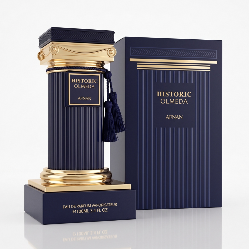 Frasco do Afnan Historic Olmeda EDP 100ml ao lado da caixa original azul-marinho