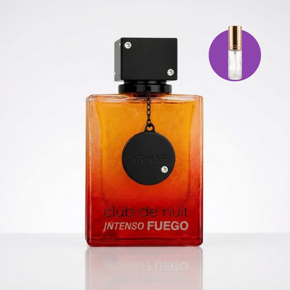 Decant do perfume Armaf Club de Nuit Intenso Fuego com frasco original em fundo neutro.